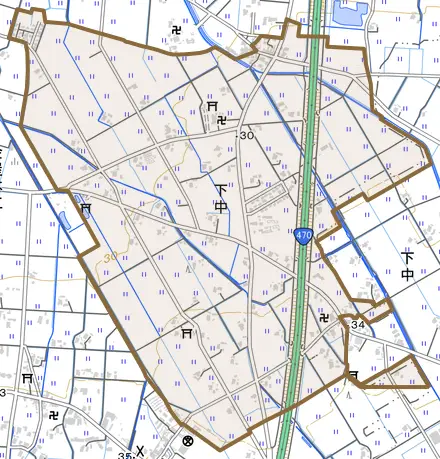 下中とその周辺の地図。町の範囲を重ねている