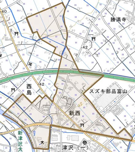新西とその周辺の地図。町の範囲を重ねている