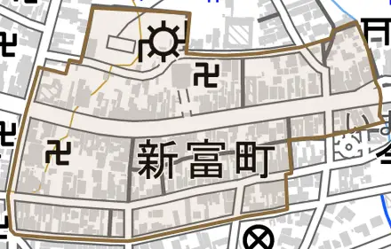 新富町とその周辺の地図。町の範囲を重ねている
