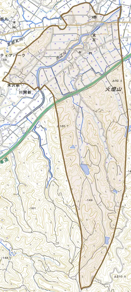 末友とその周辺の地図。町の範囲を重ねている
