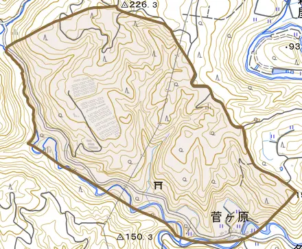 菅ケ原とその周辺の地図。町の範囲を重ねている