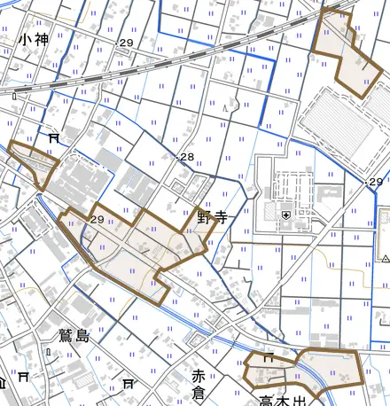 高木出とその周辺の地図。町の範囲を重ねている