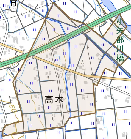 高木とその周辺の地図。町の範囲を重ねている