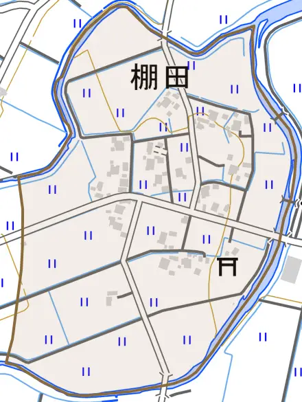 棚田とその周辺の地図。町の範囲を重ねている
