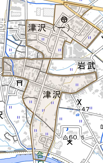 津沢とその周辺の地図。町の範囲を重ねている