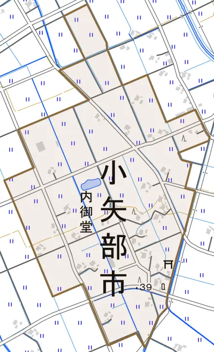 内御堂とその周辺の地図。町の範囲を重ねている