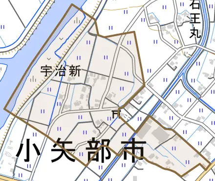 宇治新とその周辺の地図。町の範囲を重ねている