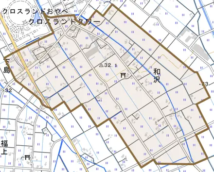 和沢とその周辺の地図。町の範囲を重ねている