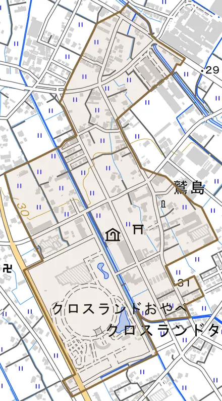 鷲島とその周辺の地図。町の範囲を重ねている