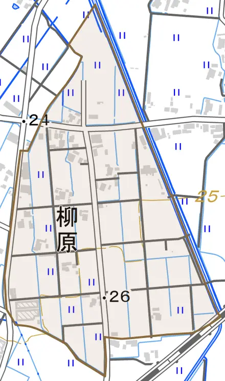 柳原とその周辺の地図。町の範囲を重ねている