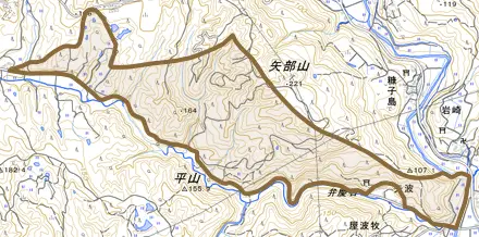 矢波とその周辺の地図。町の範囲を重ねている
