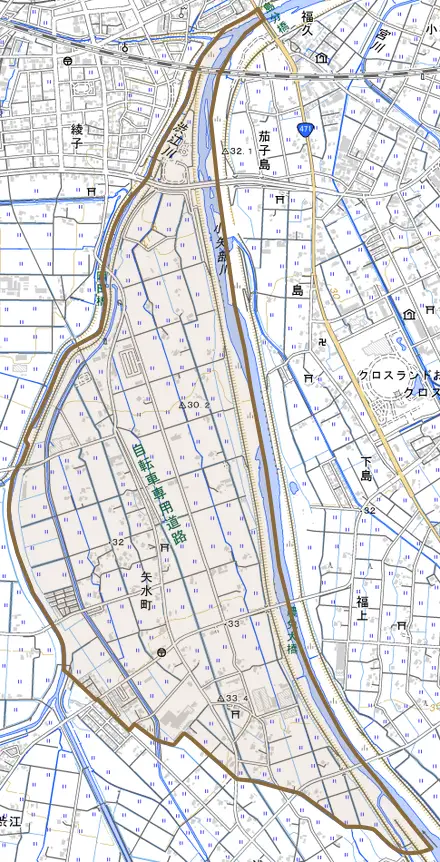 矢水町とその周辺の地図。町の範囲を重ねている