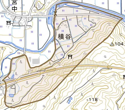 横谷とその周辺の地図。町の範囲を重ねている