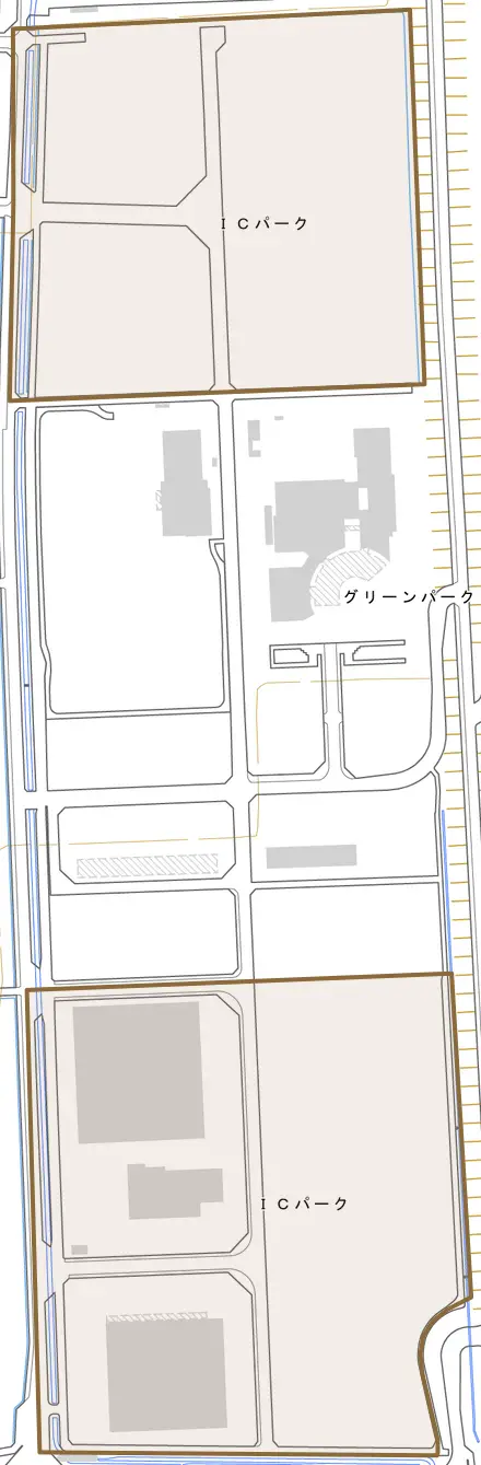 ICパークとその周辺の地図。町の範囲を重ねている