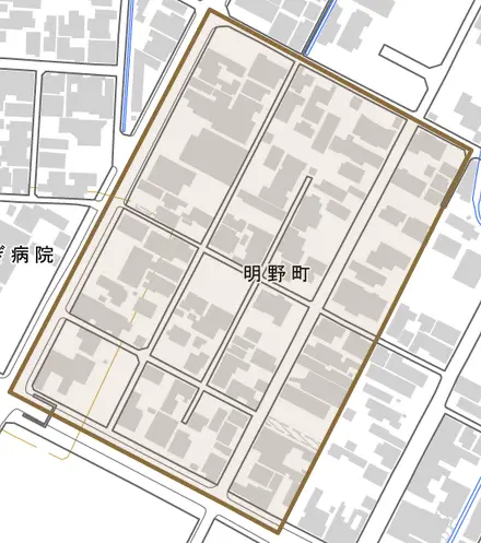 明野町とその周辺の地図。町の範囲を重ねている