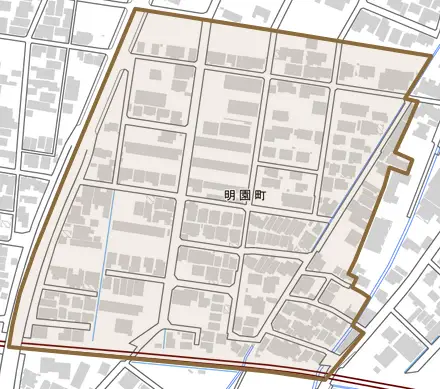 明園町とその周辺の地図。町の範囲を重ねている