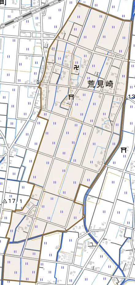 荒見崎とその周辺の地図。町の範囲を重ねている
