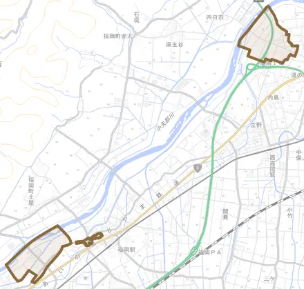 荒屋敷とその周辺の地図。町の範囲を重ねている