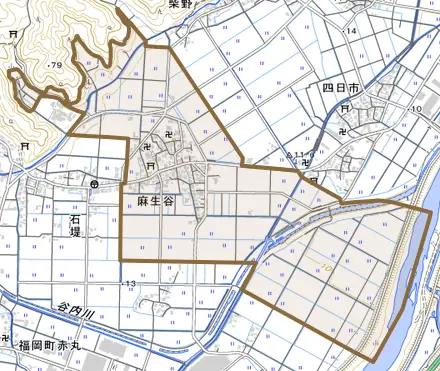 麻生谷とその周辺の地図。町の範囲を重ねている