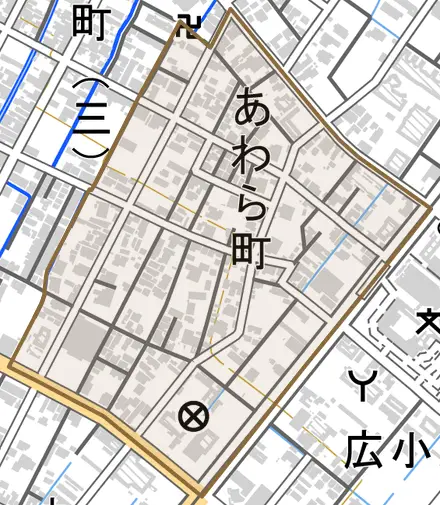 あわら町とその周辺の地図。町の範囲を重ねている