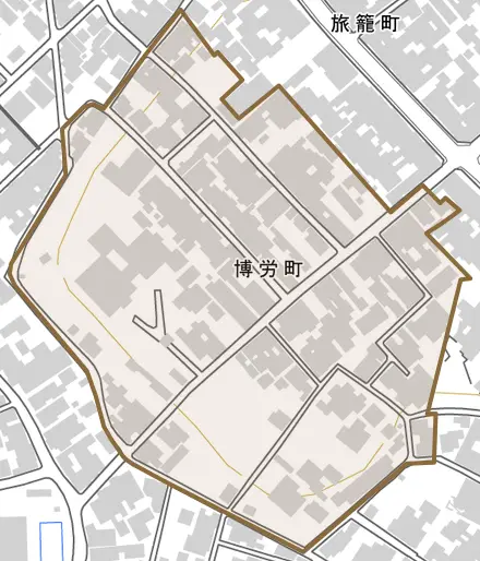 博労町とその周辺の地図。町の範囲を重ねている