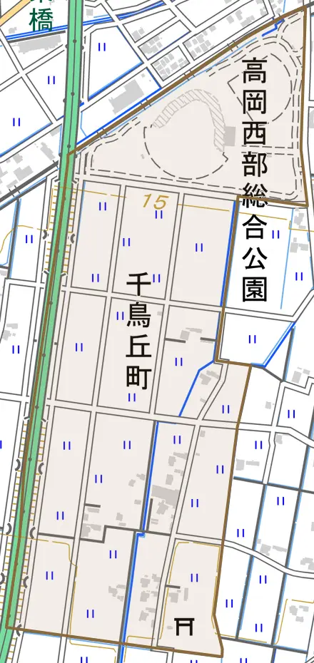 千鳥丘町とその周辺の地図。町の範囲を重ねている
