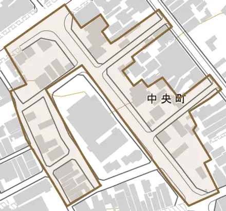 中央町とその周辺の地図。町の範囲を重ねている