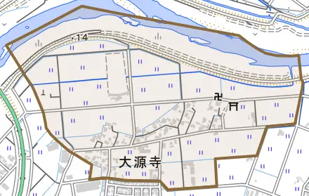 大源寺とその周辺の地図。町の範囲を重ねている