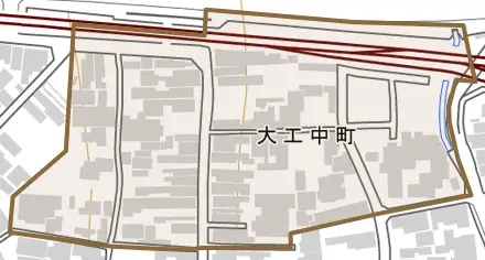 大工中町とその周辺の地図。町の範囲を重ねている