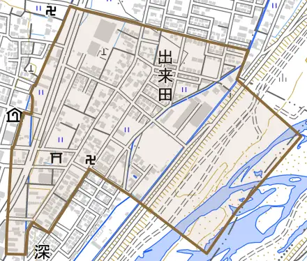 出来田とその周辺の地図。町の範囲を重ねている