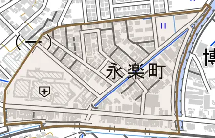 永楽町とその周辺の地図。町の範囲を重ねている