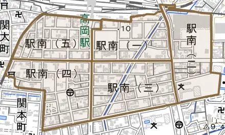 駅南とその周辺の地図。町の範囲を重ねている
