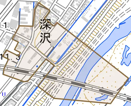 深沢とその周辺の地図。町の範囲を重ねている