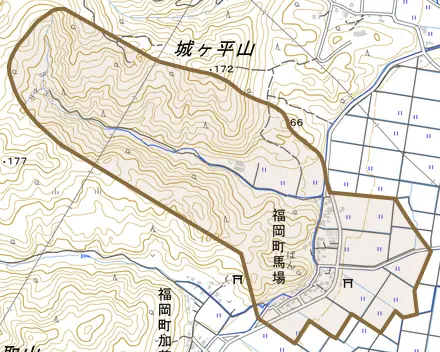 福岡町馬場とその周辺の地図。町の範囲を重ねている