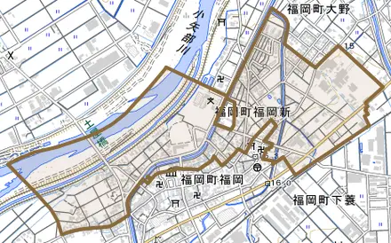 福岡町福岡新とその周辺の地図。町の範囲を重ねている