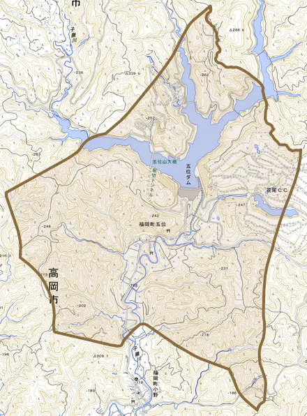 福岡町五位とその周辺の地図。町の範囲を重ねている