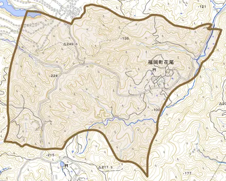 福岡町花尾とその周辺の地図。町の範囲を重ねている