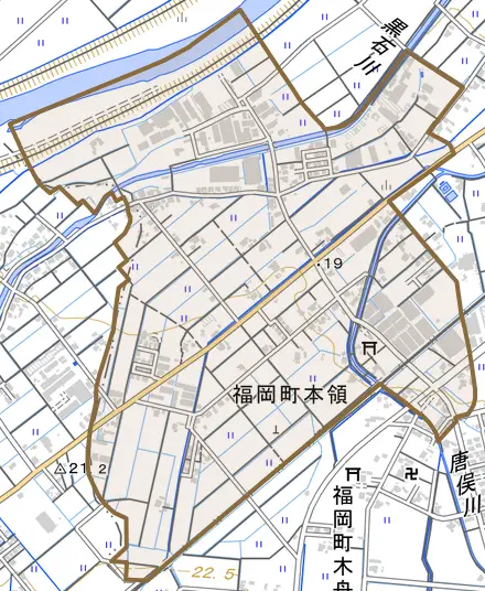 福岡町本領とその周辺の地図。町の範囲を重ねている