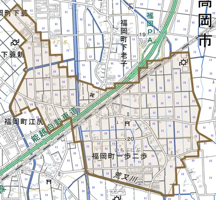 福岡町一歩二歩とその周辺の地図。町の範囲を重ねている