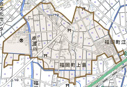 福岡町上蓑とその周辺の地図。町の範囲を重ねている