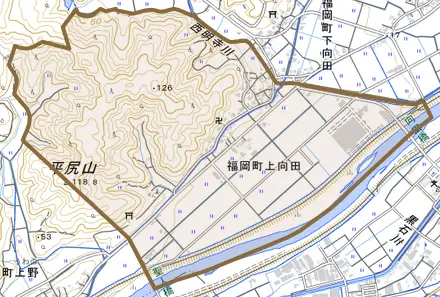 福岡町上向田とその周辺の地図。町の範囲を重ねている
