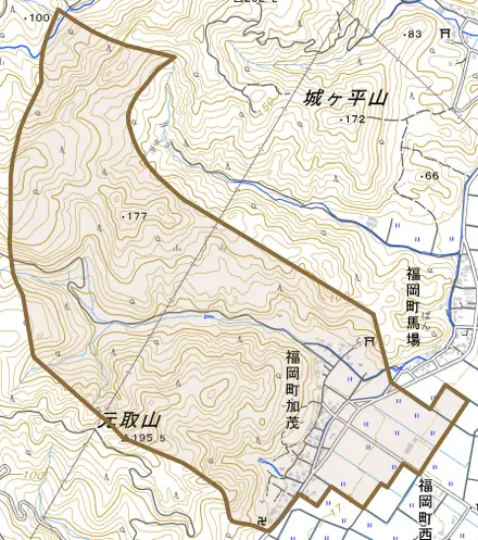 福岡町加茂とその周辺の地図。町の範囲を重ねている
