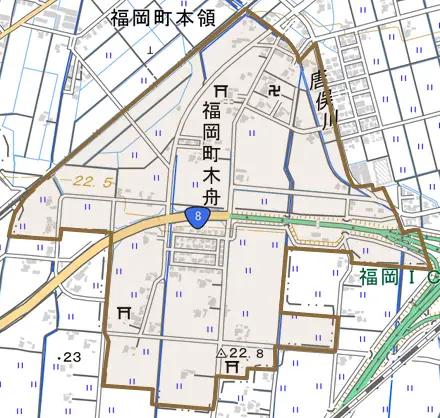福岡町木舟とその周辺の地図。町の範囲を重ねている