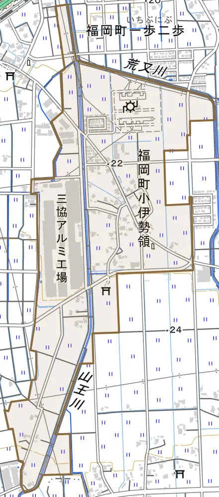 福岡町小伊勢領とその周辺の地図。町の範囲を重ねている