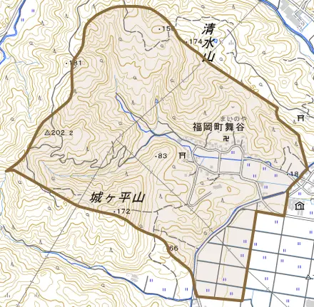 福岡町舞谷とその周辺の地図。町の範囲を重ねている