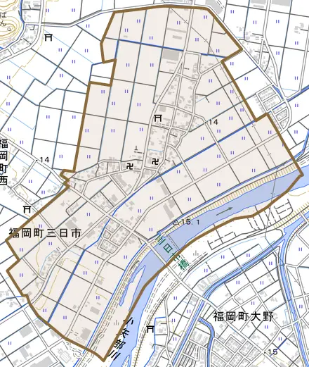 福岡町三日市とその周辺の地図。町の範囲を重ねている