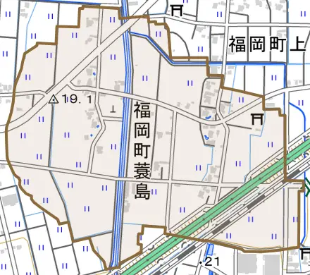 福岡町蓑島とその周辺の地図。町の範囲を重ねている