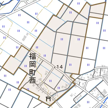 福岡町西とその周辺の地図。町の範囲を重ねている