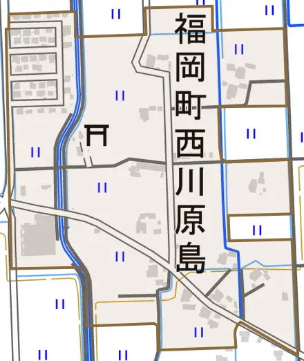 福岡町西川原島とその周辺の地図。町の範囲を重ねている