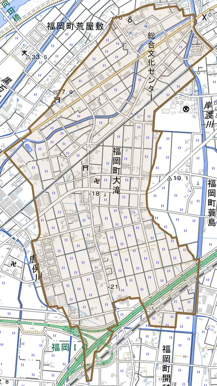 福岡町大滝とその周辺の地図。町の範囲を重ねている